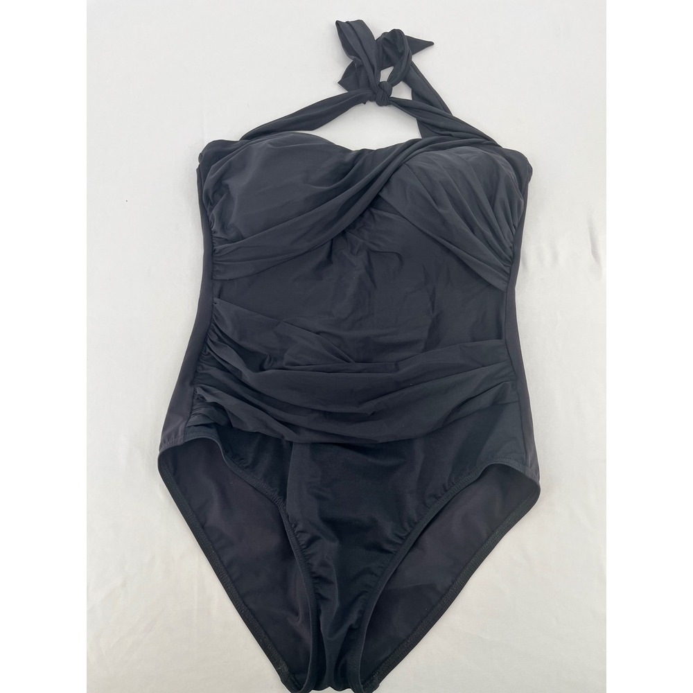 Lands End Halter Ruched 1 Piece Swimsuit Women 12 Black Beachwear Resort Cruise
